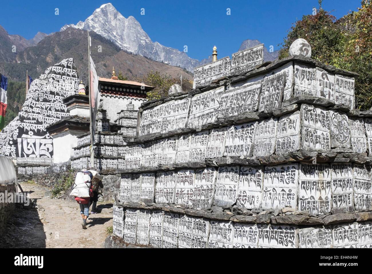 Nepal, Sagarmatha National Park, listed as World Heritage by UNESCO, Solu Khumbu District, Everest region, manis, flat stones engraved with prayers or religious drawings Stock Photo