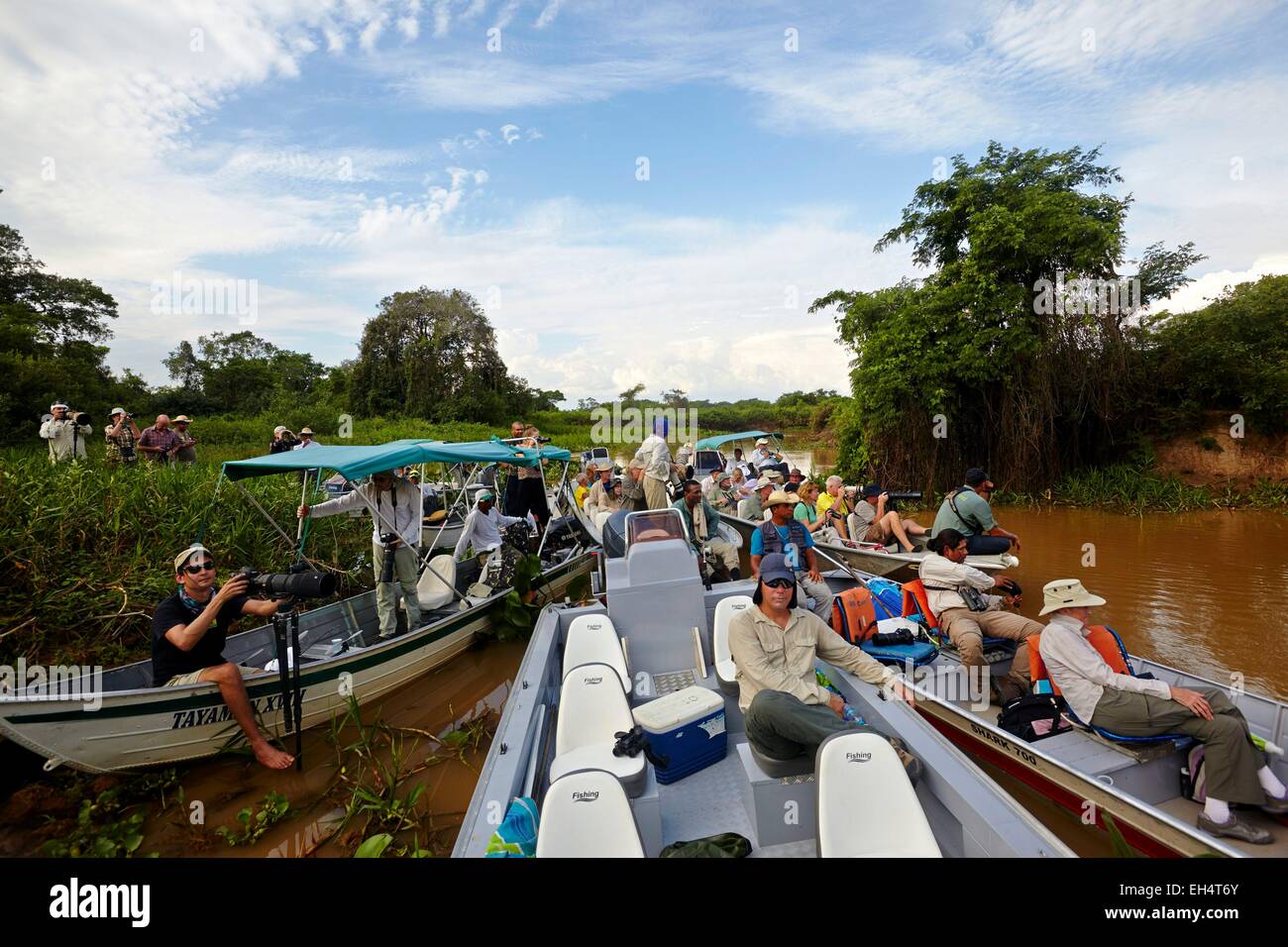 Brazil, Mato Grosso, Pantanal region, river Cuiaba, Black channel, boat with tourists looking for jaguar Stock Photo