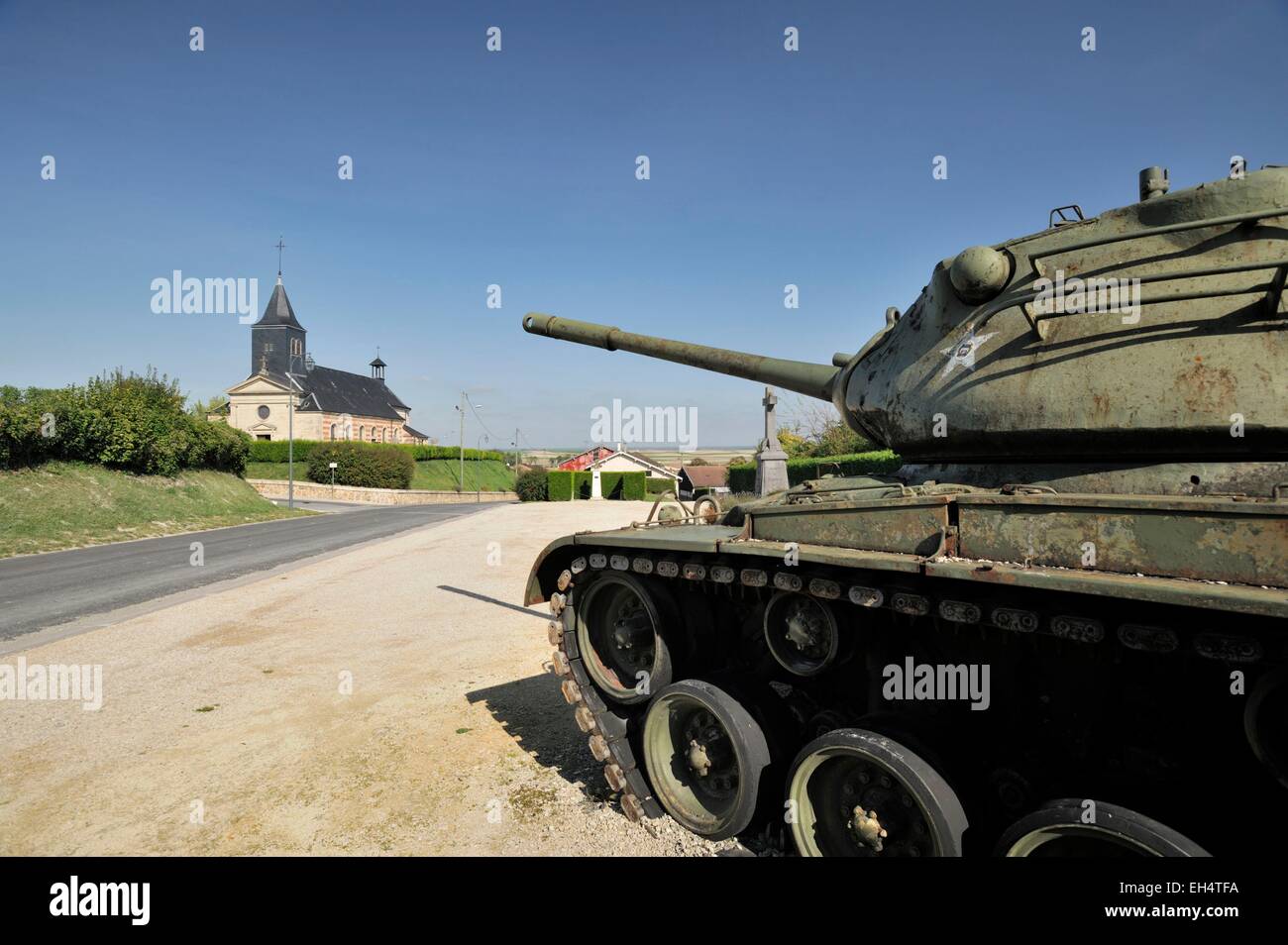 France, Marne, Valmy, US tank M47 Patton at the entrance of the village Stock Photo