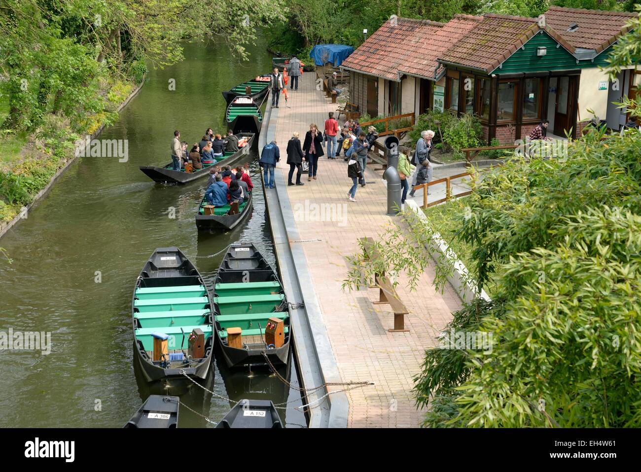 France, Somme, Amiens, the Hortillonnages, floating gardens, horn boats tour, boat dock Stock Photo