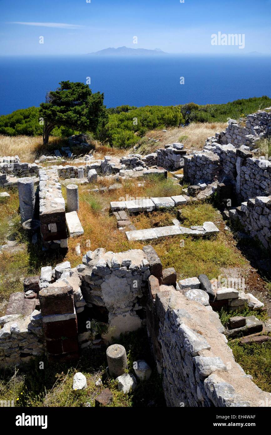 Greece, Cyclades, Santorini island (Thera, Thira), ruins of the antique city of Ancient Thira (Thera) on the summit of Messavouno mountain Stock Photo