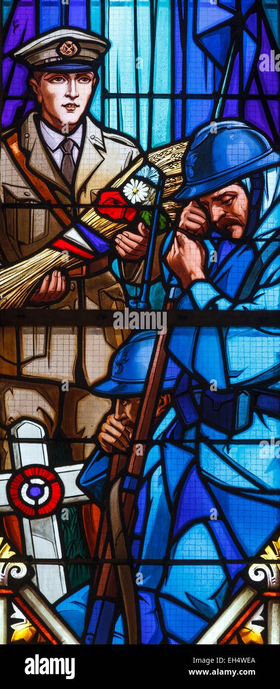France, Vendee, L'Aiguillon sur Vie, stained glass window in memory of First World War soldiers Stock Photo