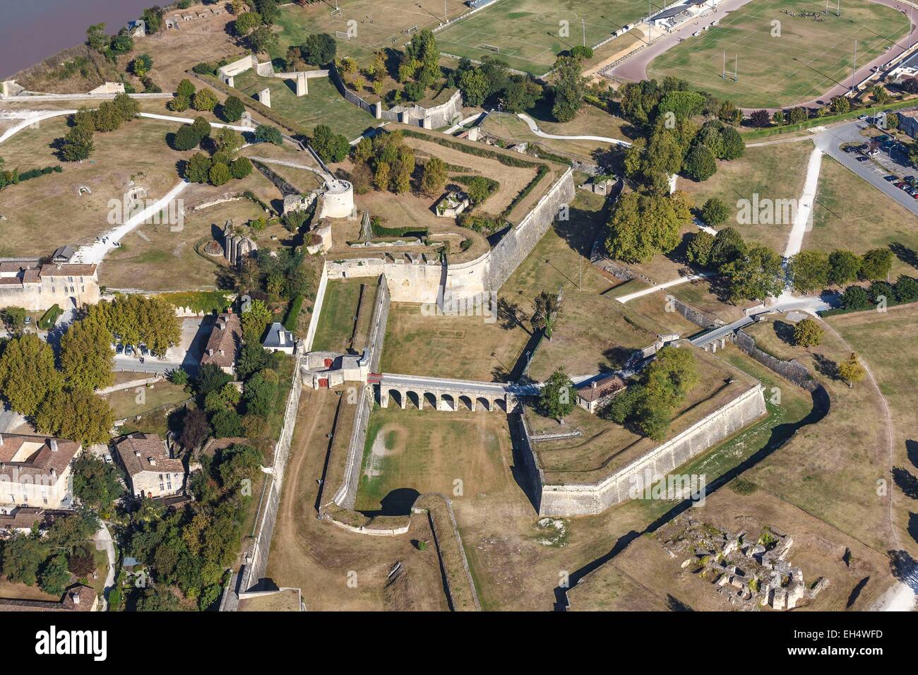 France, Gironde, Blaye, The citadel, Fortifications of Vauban, listed as World Heritage by UNESCO, the Porte royale and Rudel castle (aerial view) Stock Photo