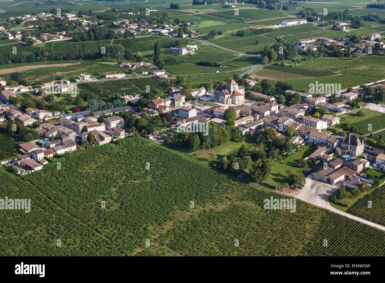 France, Gironde, Montagne, Jurisdiction of Saint Emilion, listed as World Heritage by UNESCO, the village and Saint Georges vineyards (aerial view) Stock Photo