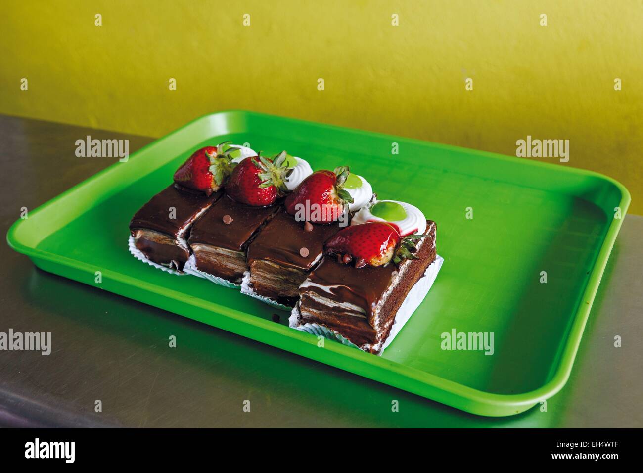 Ecuador, Latacunga, cake tray in an Ecuadorian pastry Stock Photo