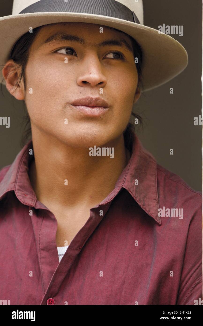 Ecuador, Imbabura, Cotacaxi, Intyrami day, portrait of a young Ecuadorian man wearing a panama hat Stock Photo