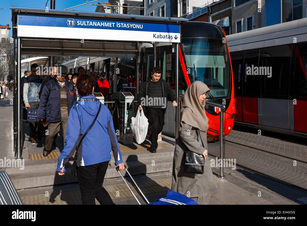 Turkey, Istanbul, users down the tram to Sultanahmet stop Stock Photo