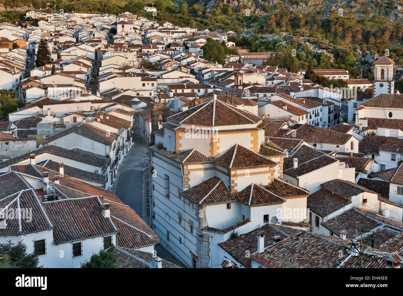 Spain, Andalusia, Cadix, Grazalema, Mediterranean white village at sunrise Stock Photo