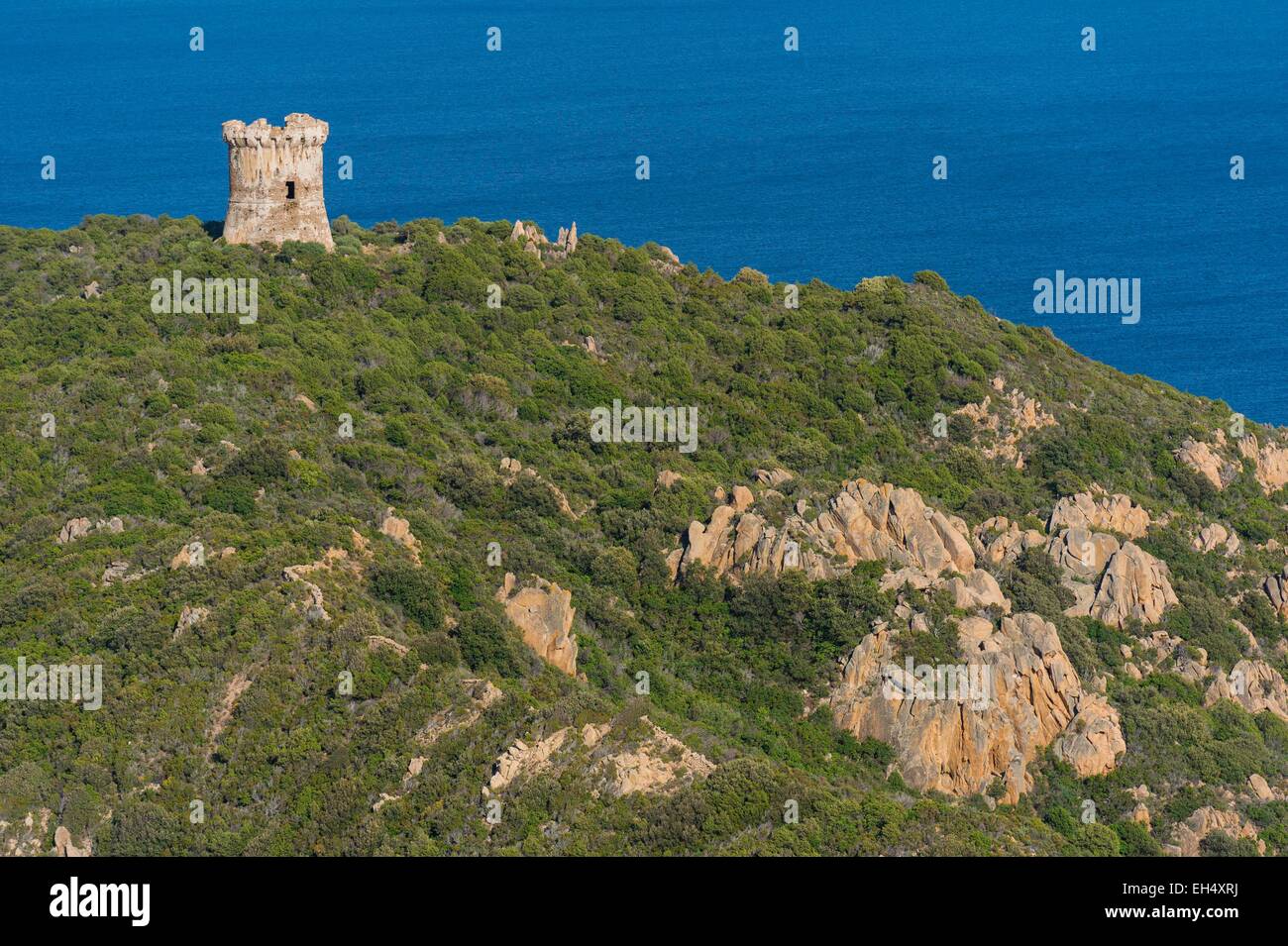 France, Corse du Sud, south of Ajaccio, Serra di Ferro village, tower of Capu Neru (aerial view) Stock Photo