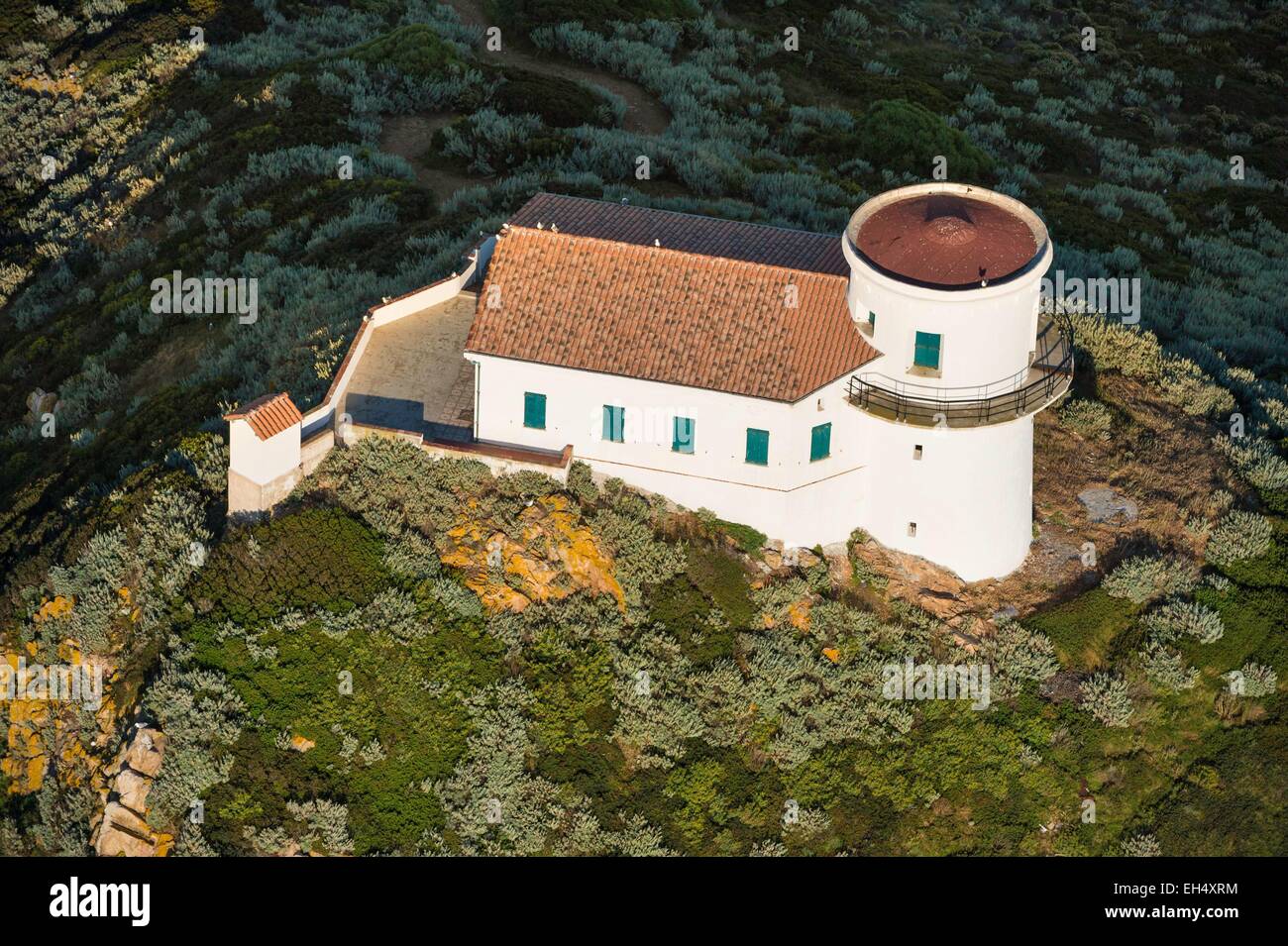 France, Corse du Sud, Gulf of Ajaccio, Parata point, Sanguinary Islands, Mezzu mare, protected natural area, old semaphore (aerial view) Stock Photo
