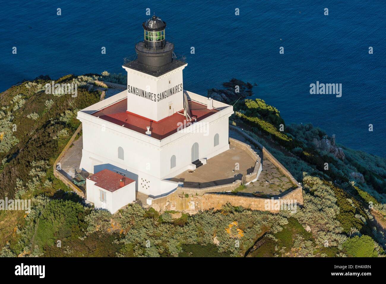 France, Corse du Sud, Gulf of Ajaccio, Parata point, Sanguinary Islands, Mezzu mare, Sanguinary Islands lighthouse, protected natural area (aerial view) Stock Photo