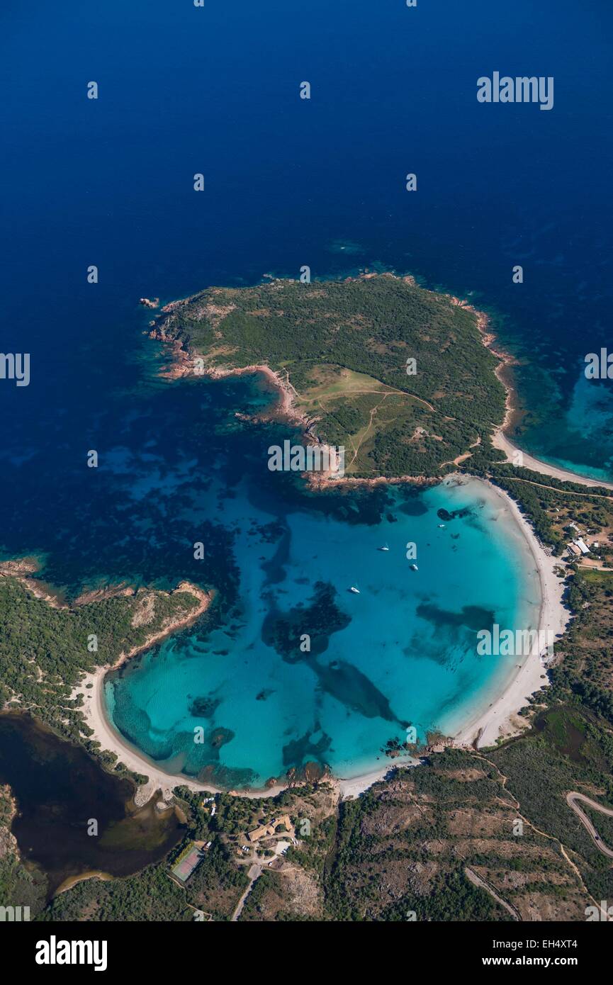 France, Corse du Sud, Bouche de Bonifacio Nature Reserve, Rondinara beach (aerial view) Stock Photo