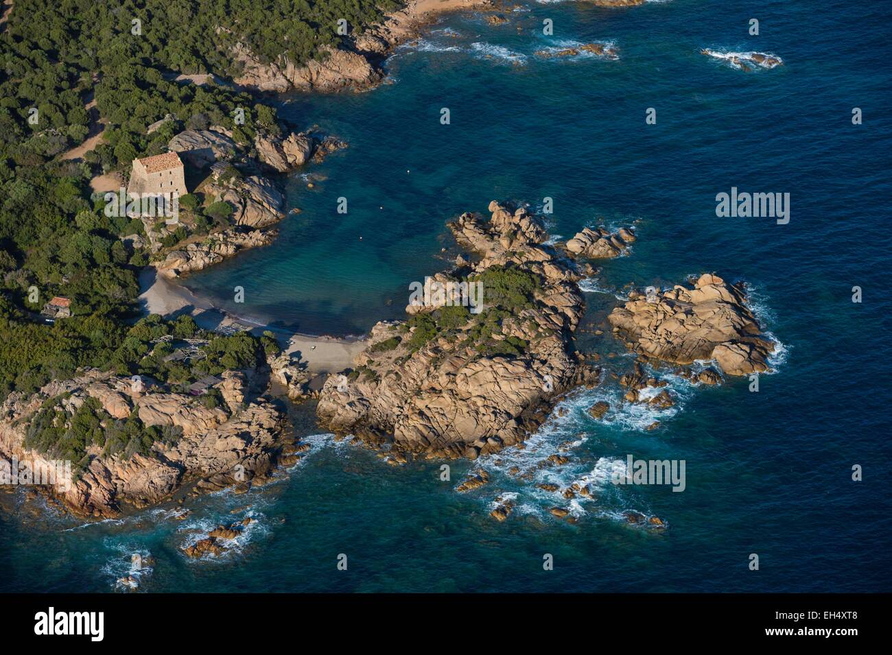 France, Corse du Sud, Murtoli, Ortolo valley on Roccapina Gulf, old barn converted into a guest house (aerial view) Stock Photo