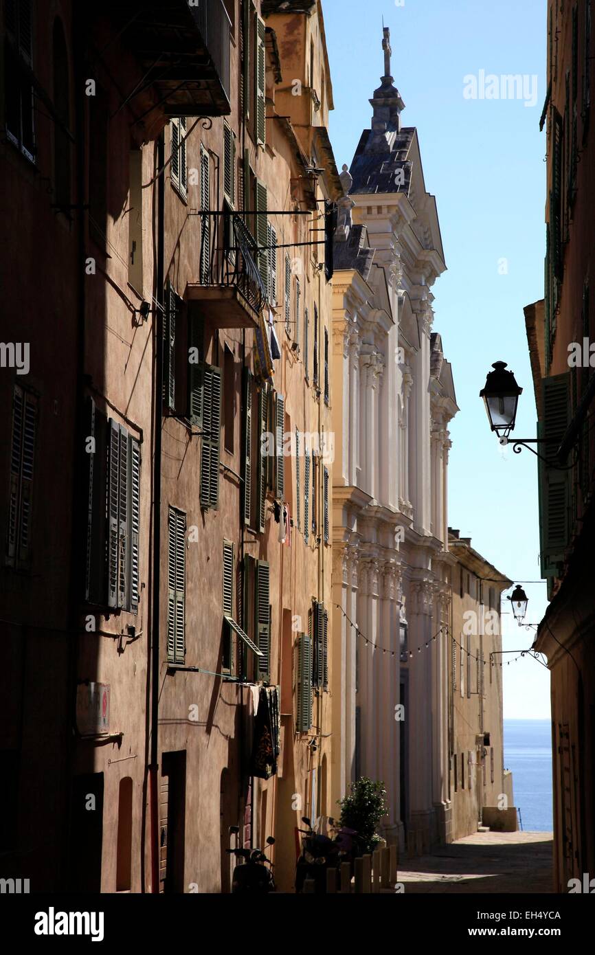 France, Haute Corse, Bastia, Terra Nova, The alleys of the high city (Hear Notre Dame street) offer a plunging view on the Mediterranean Sea below Stock Photo