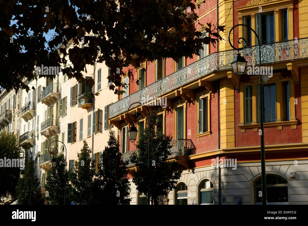 France, Corse du Sud, Ajaccio, the main avenues of the capital of South Corsica, are lined with facades rich and colored with balconies decorated Stock Photo