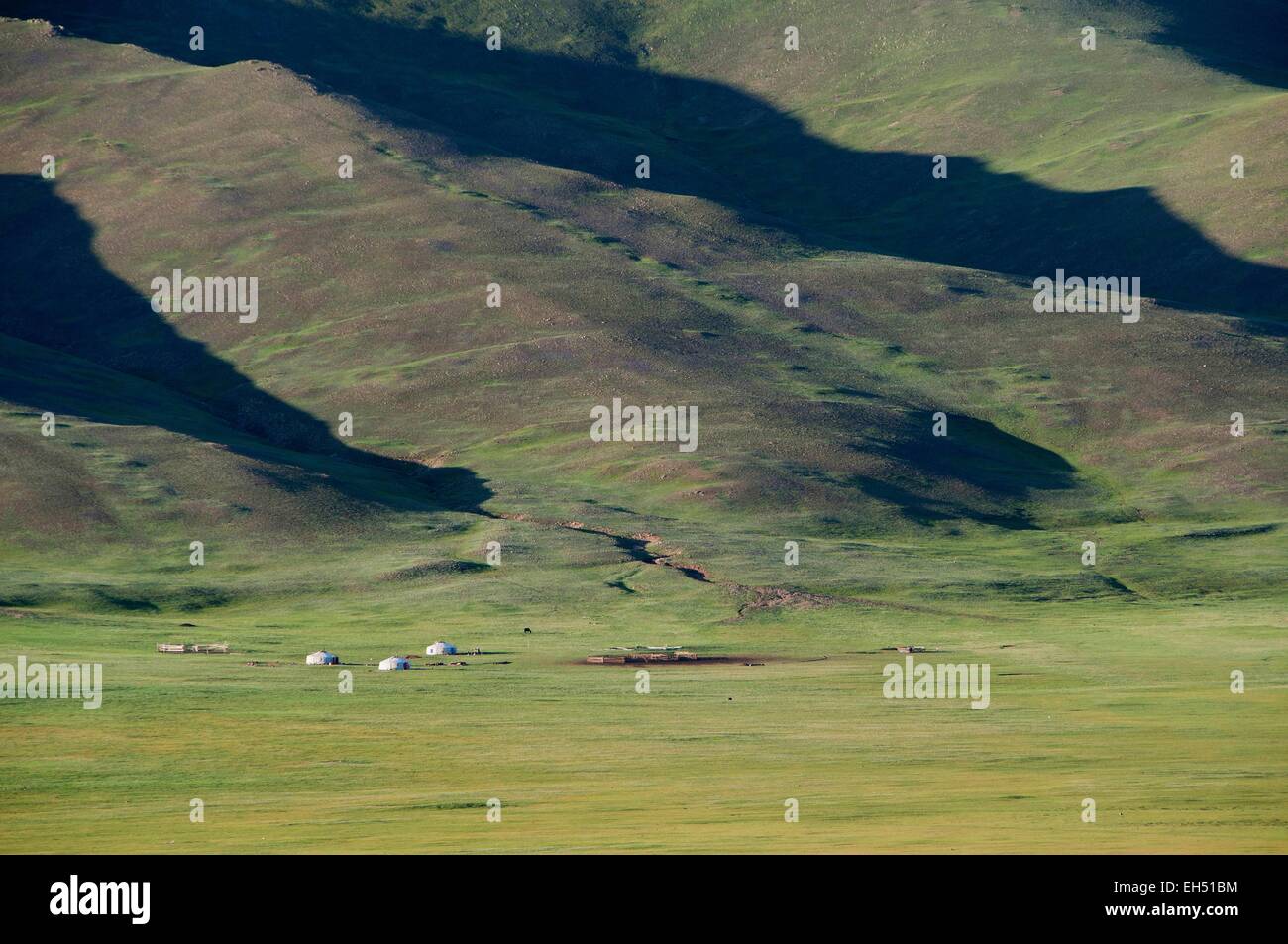 Mongolia, Khovsgol, Zuun Nuur lake, yurts on the steppe Stock Photo