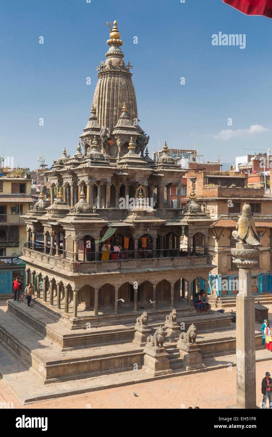 Nepal, Kathmandu valley, Patan, Durbar Square, listed as World Heritage by UNESCO, the carved stone Krishna Mandir temple Stock Photo