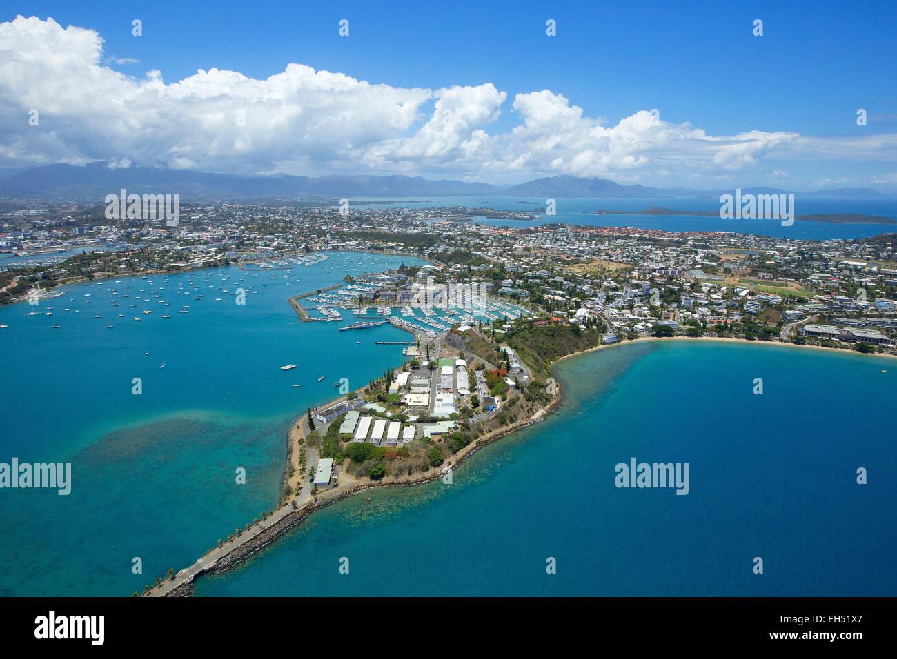 France, New Caledonia, Grande-Terre, Southern Province, Noumea, Bay Orphanage and Lemon Bay (aerial view) Stock Photo