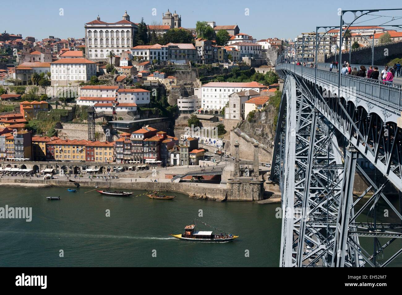 Portugal, North Region, Porto, historical center listed as World Heritage by UNESCO, Cais de Ribeira historic district and Eiffel style Dom Luis I bridge Stock Photo