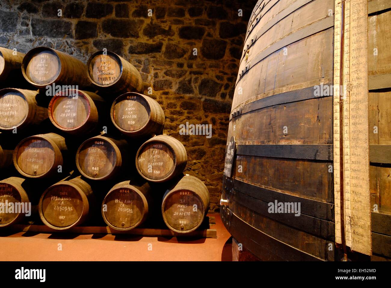 Portugal, North Region, Porto, Vila Nova de Gaia district, barrels of Porto wine in the cellars of the company Calem Stock Photo