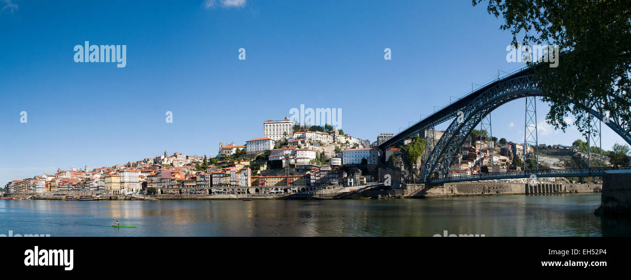 Portugal, North Region, Porto, historical center listed as World Heritage by UNESCO, Cais de Ribeira historic district, and Eiffel style Dom Luis I bridge Stock Photo