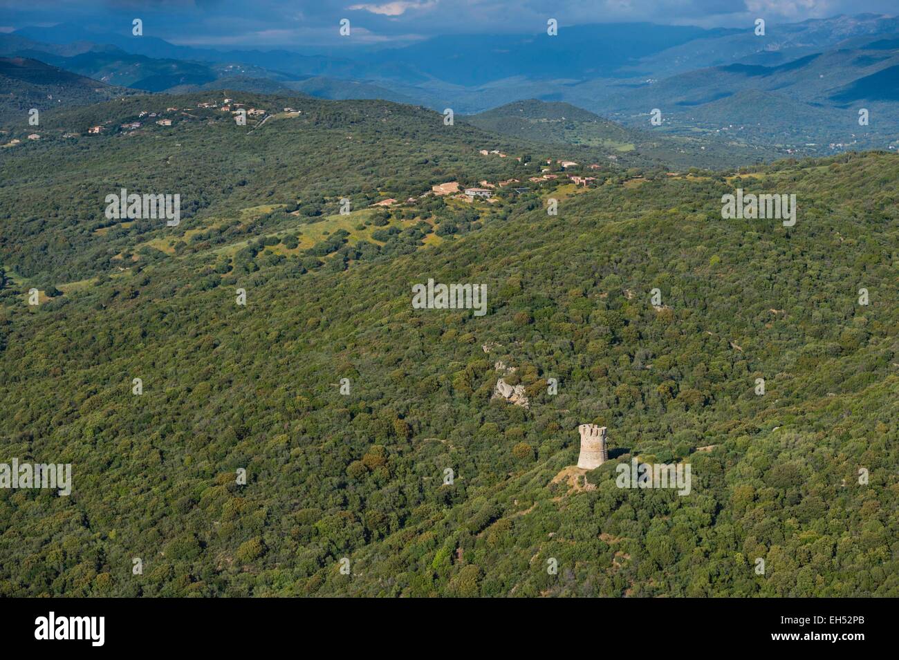 France, Corse du Sud, between Propriano and Ajaccio, Serra di Ferro village, tower of Campannella (aerial view) Stock Photo