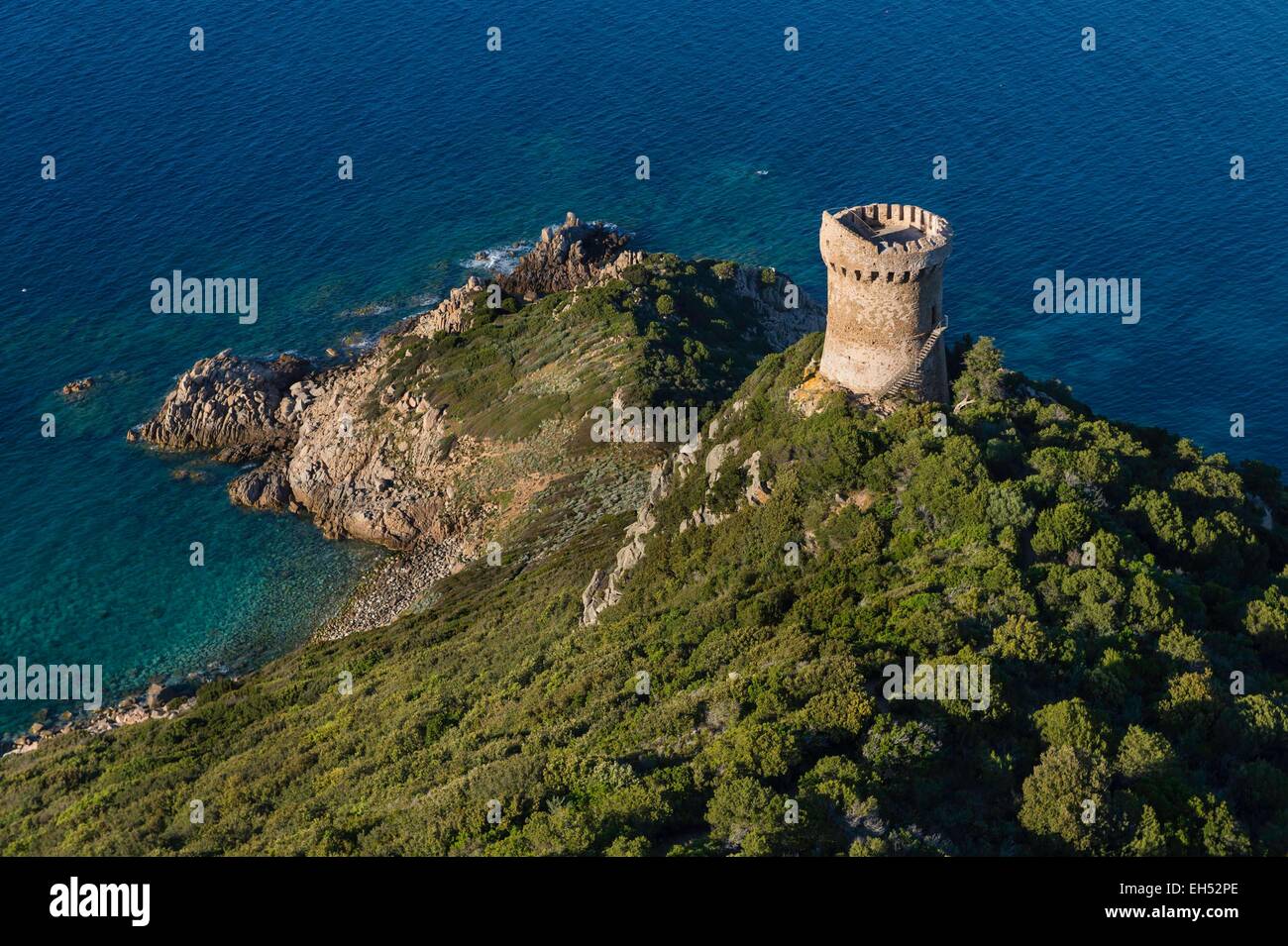 France, Corse du Sud, south of Ajaccio, Serra di Ferro village, tower of Capu di Muru (aerial view) Stock Photo