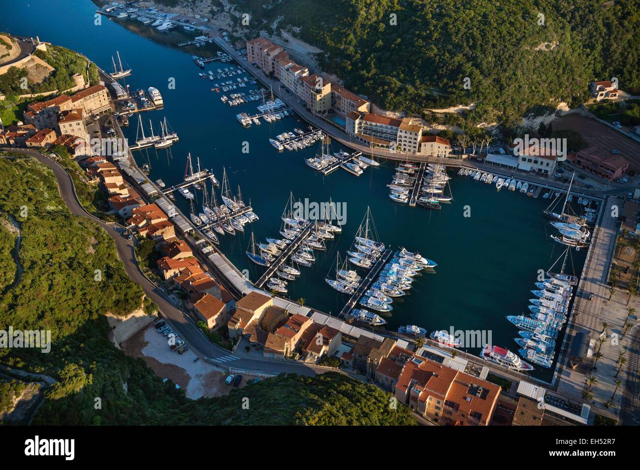 France, Corse du Sud, Bonifacio, the marina and the old town (aerial view) Stock Photo