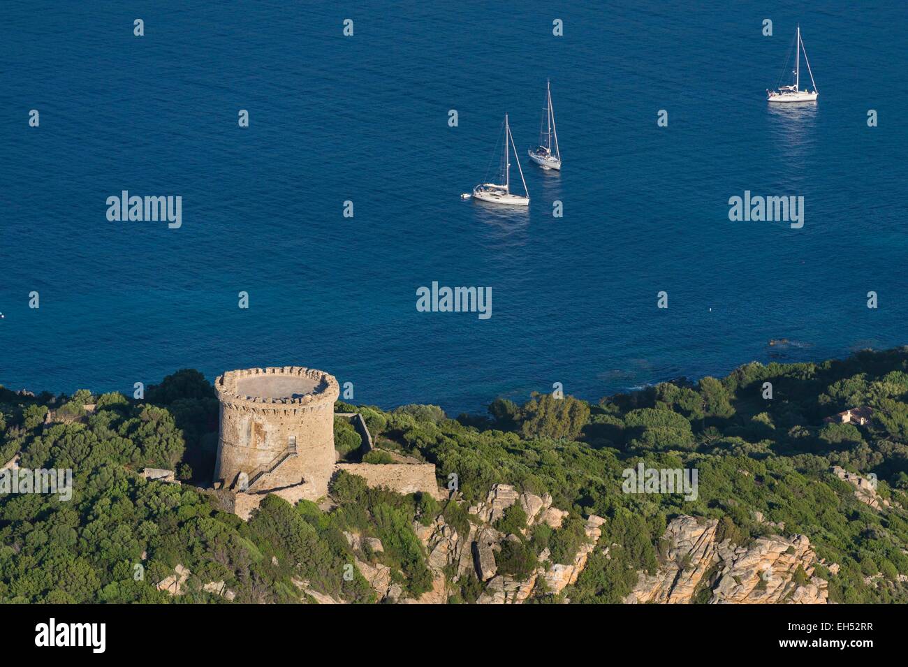 France, Corse du Sud, south of Propriano, Campomoro pointe, Campomoro tower (aerial view) Stock Photo