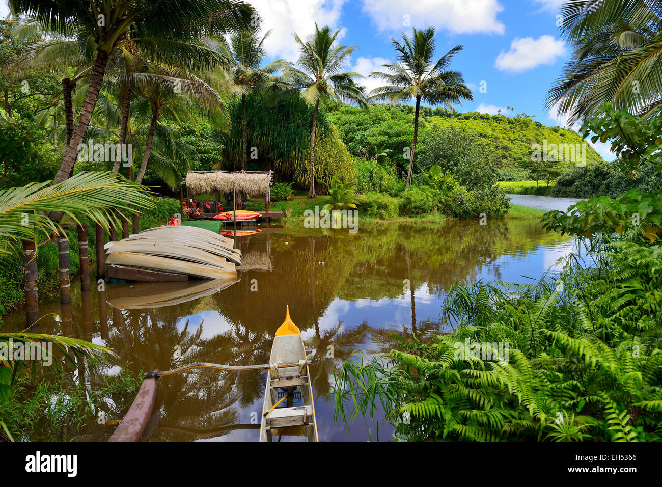 Canoes moored at entrance to Komokila Historic Village on Wailua River