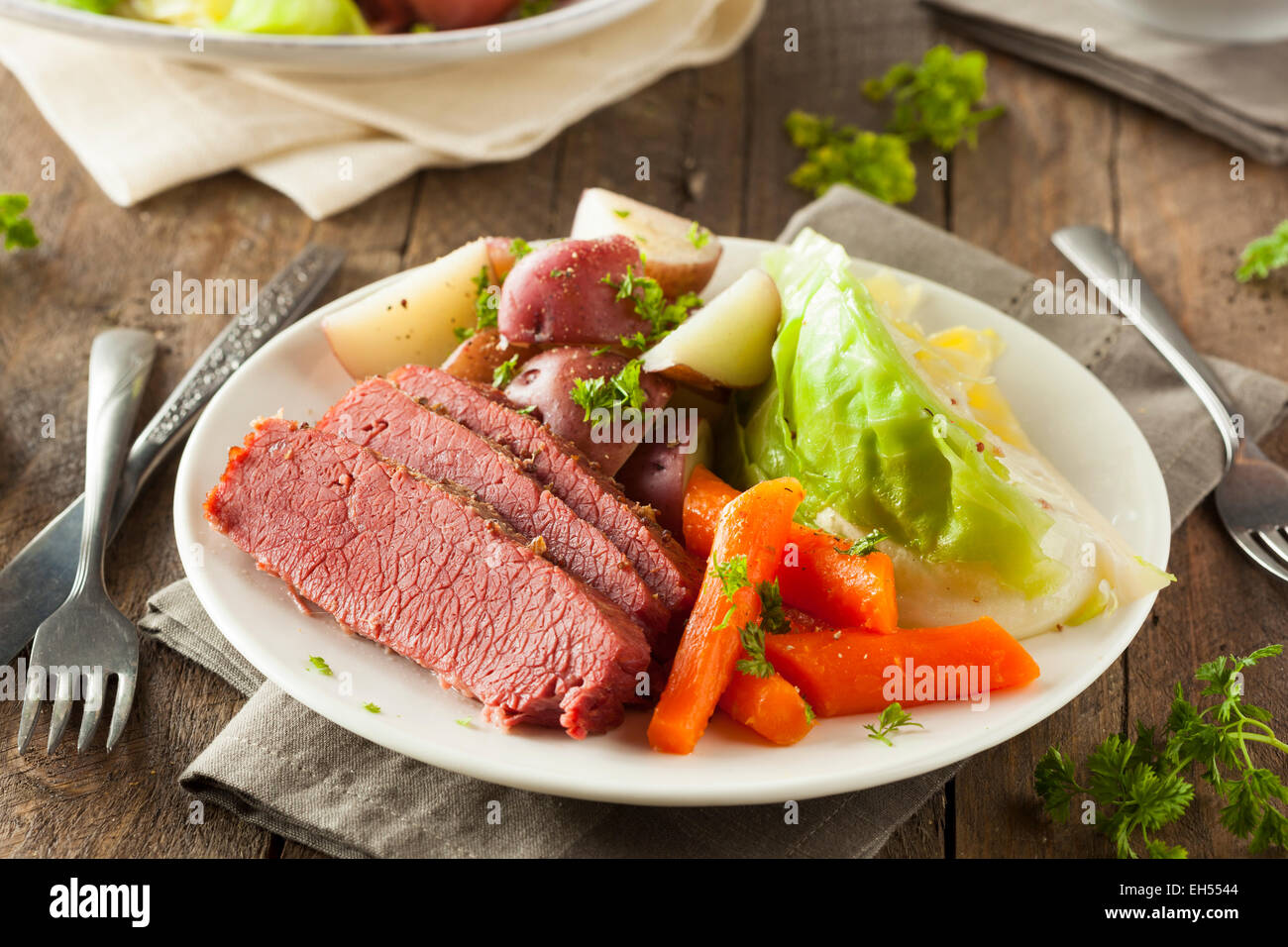 Homemade Corned Beef and Cabbage with Carrots and Potatoes Stock Photo
