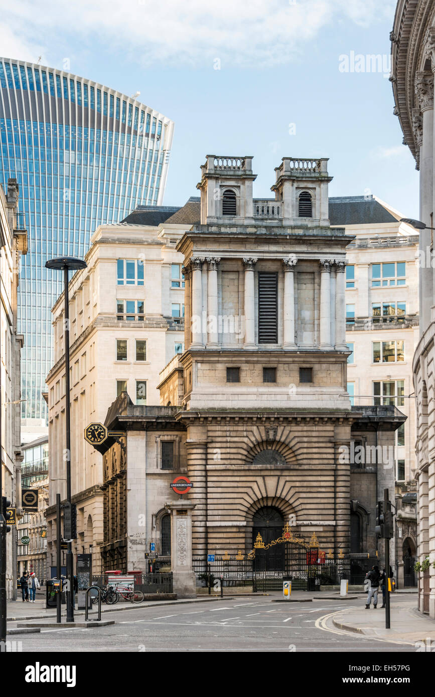 St Mary Woolnoth is a church in the City of London on the corner of Lombard Street and King William Street by Nicholas Hawksmoor Stock Photo