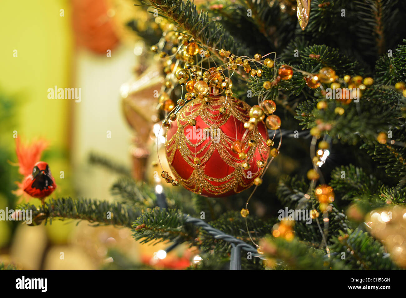 Christmas tree decoration in red- square image with shallow dof Stock Photo