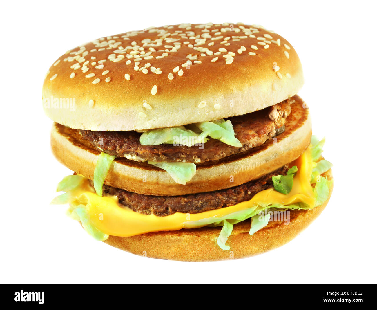 large multilayer tasty burger on a white background Stock Photo