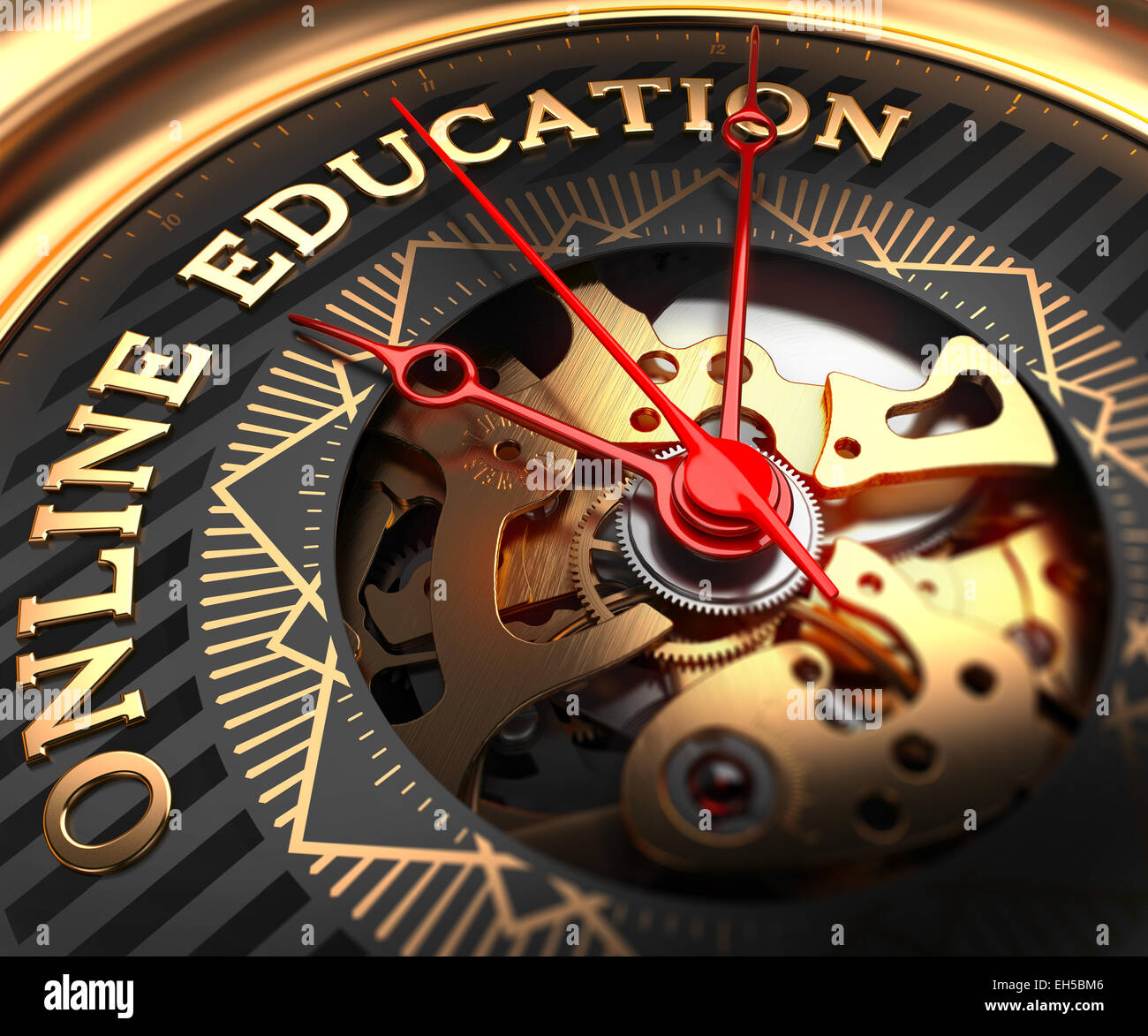 Online Education on Black-Golden Watch Face with Closeup View of Watch Mechanism. Stock Photo