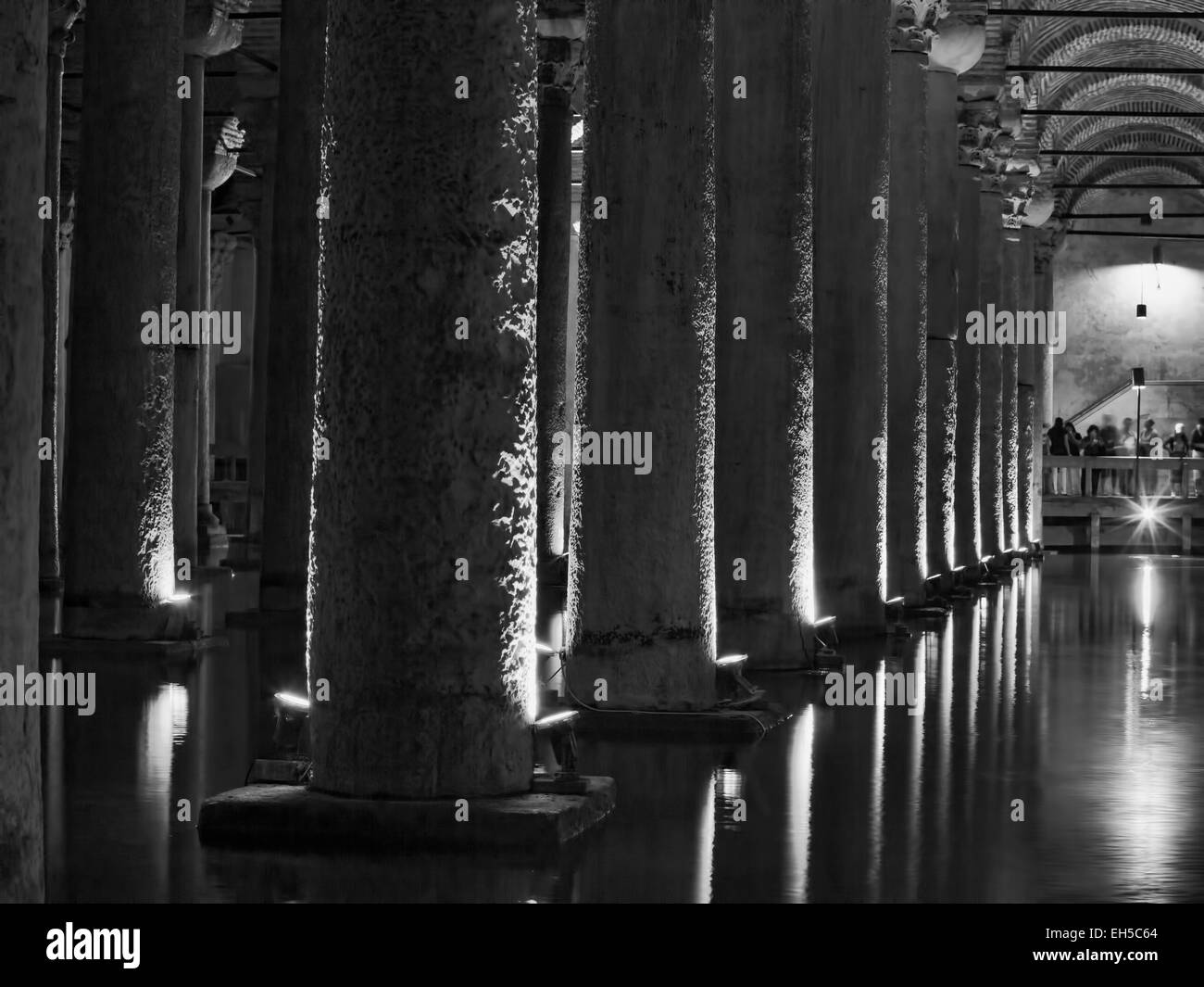 Istanbul, Turkey water Basilica Cistern underground tourists BW Stock Photo