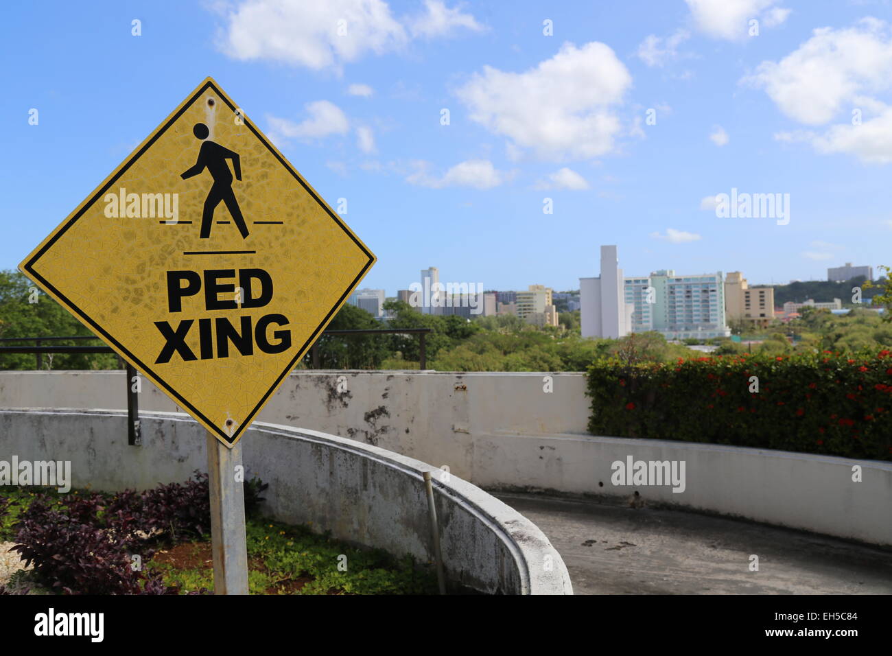 An image of a Pedestrian Crossing sign captured in Guam in March 2015. Stock Photo