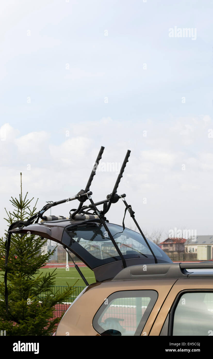 Bicycle carrier system mounted on the rear door of a sports utility vehicle Stock Photo