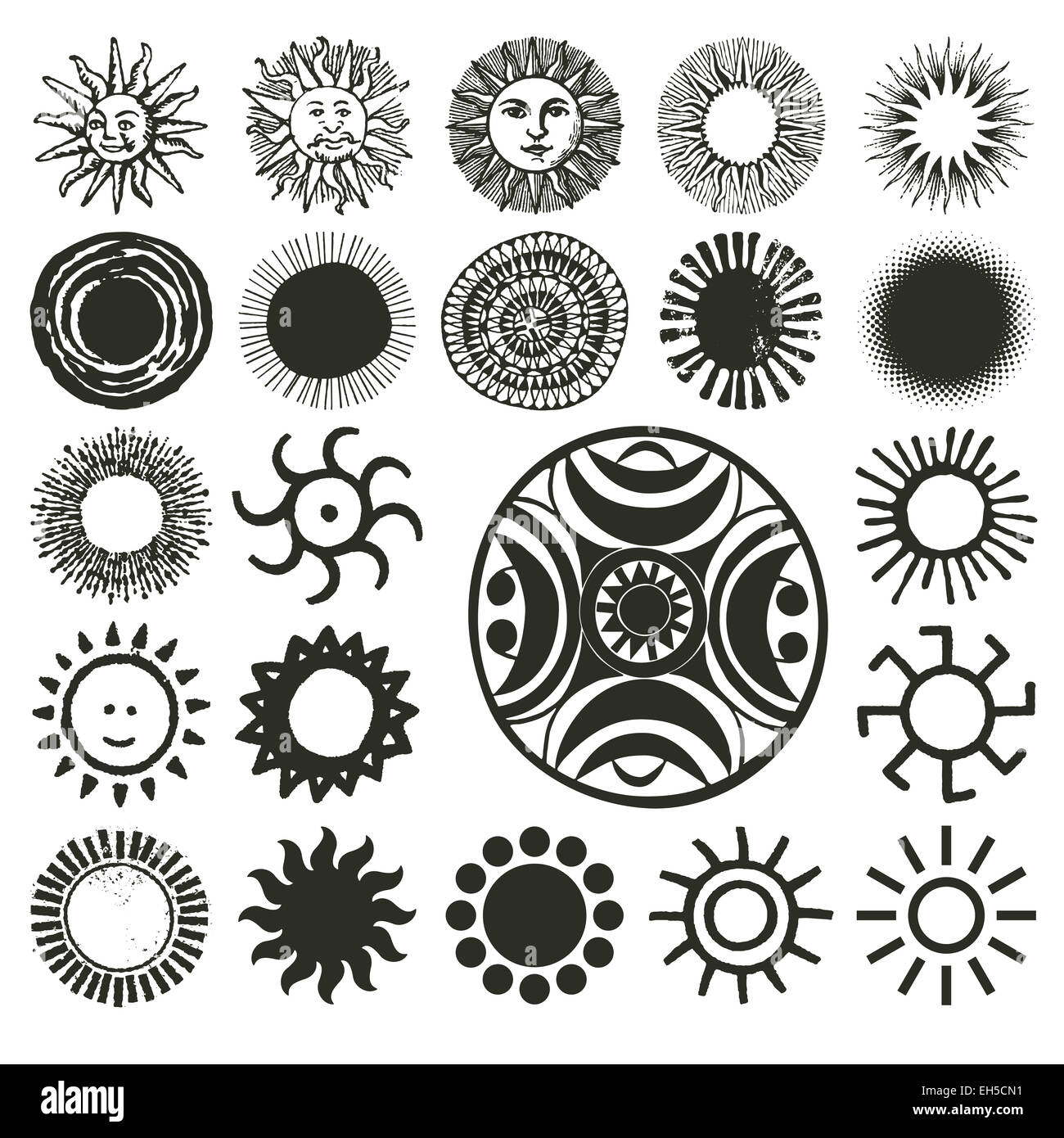 Ancient, old, traditional and modern sun symbols Stock Photo