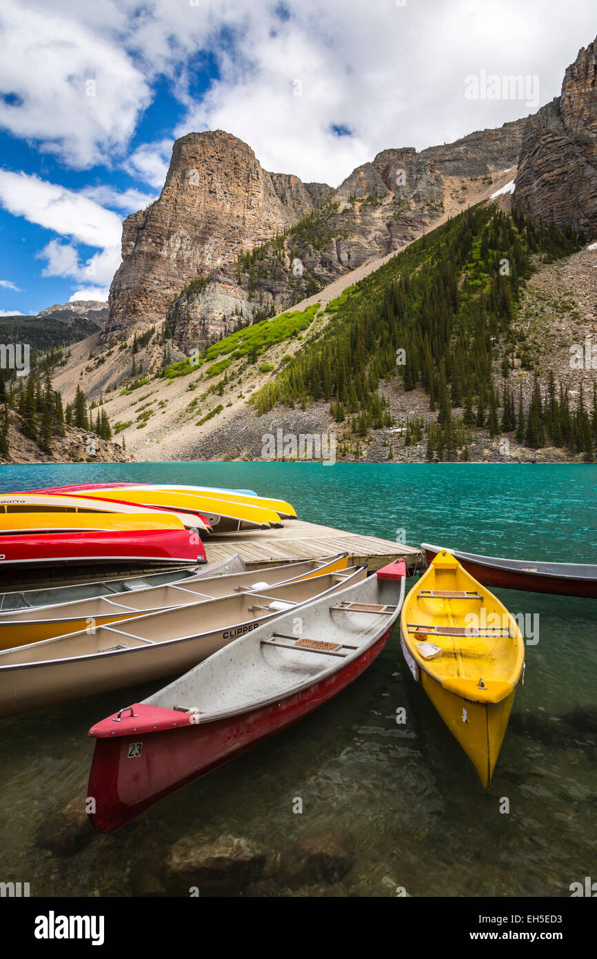 Colorful canoes for rent at Moraine Lake in Banff National Park