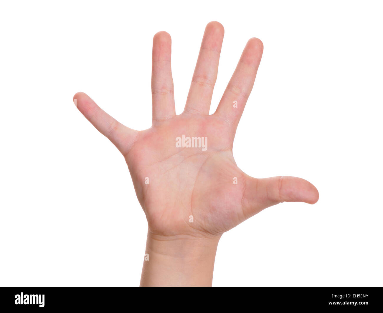 Baby is counting by fingers. The number five is shown Stock Photo
