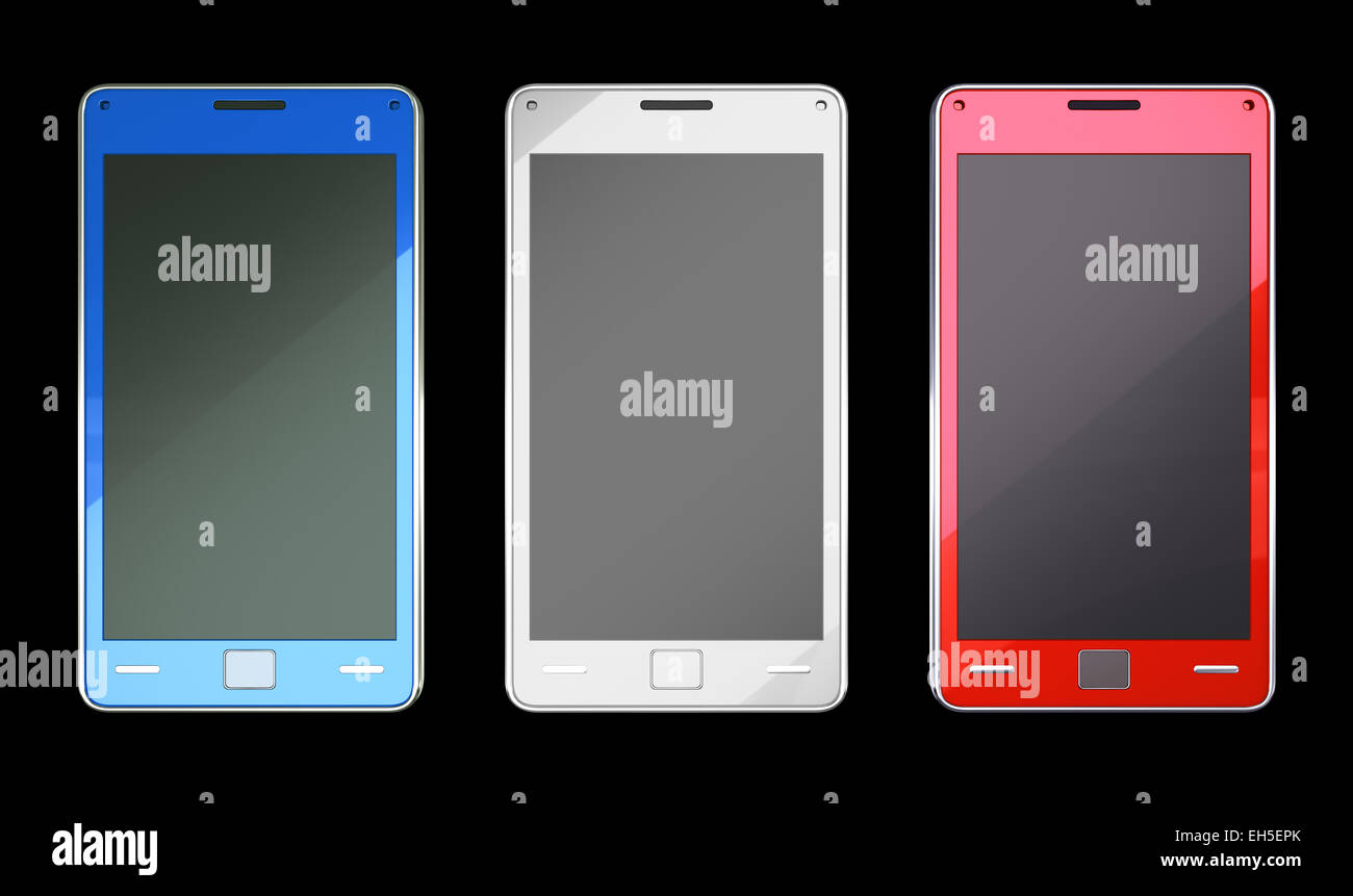 Smart phones in red blue and white colours over black (custom created and rendered) Stock Photo