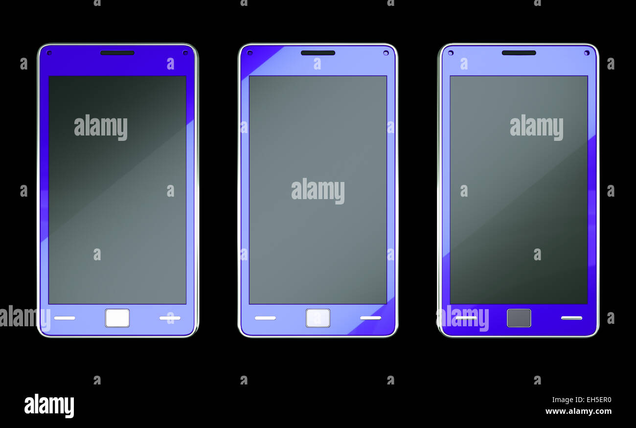 Three smart phones in blue colour over black (custom created and rendered) Stock Photo