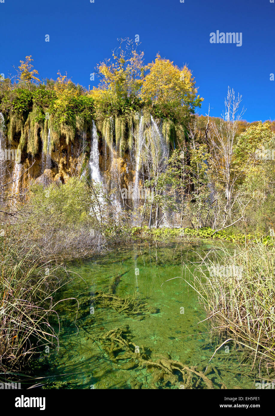 Green lake under Plitvice waterfall in national park of Croatia Stock Photo