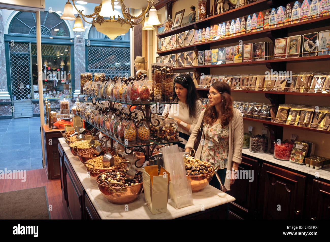 Inside a branch of La Belgique Gourmande chocolate shop in Brussels, Belgium. Stock Photo