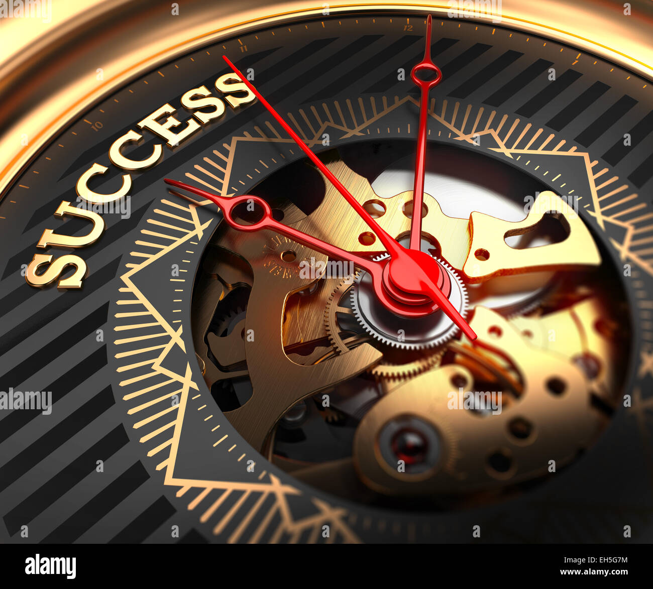 Success on Black-Golden Watch Face with Closeup View of Watch Mechanism. Stock Photo