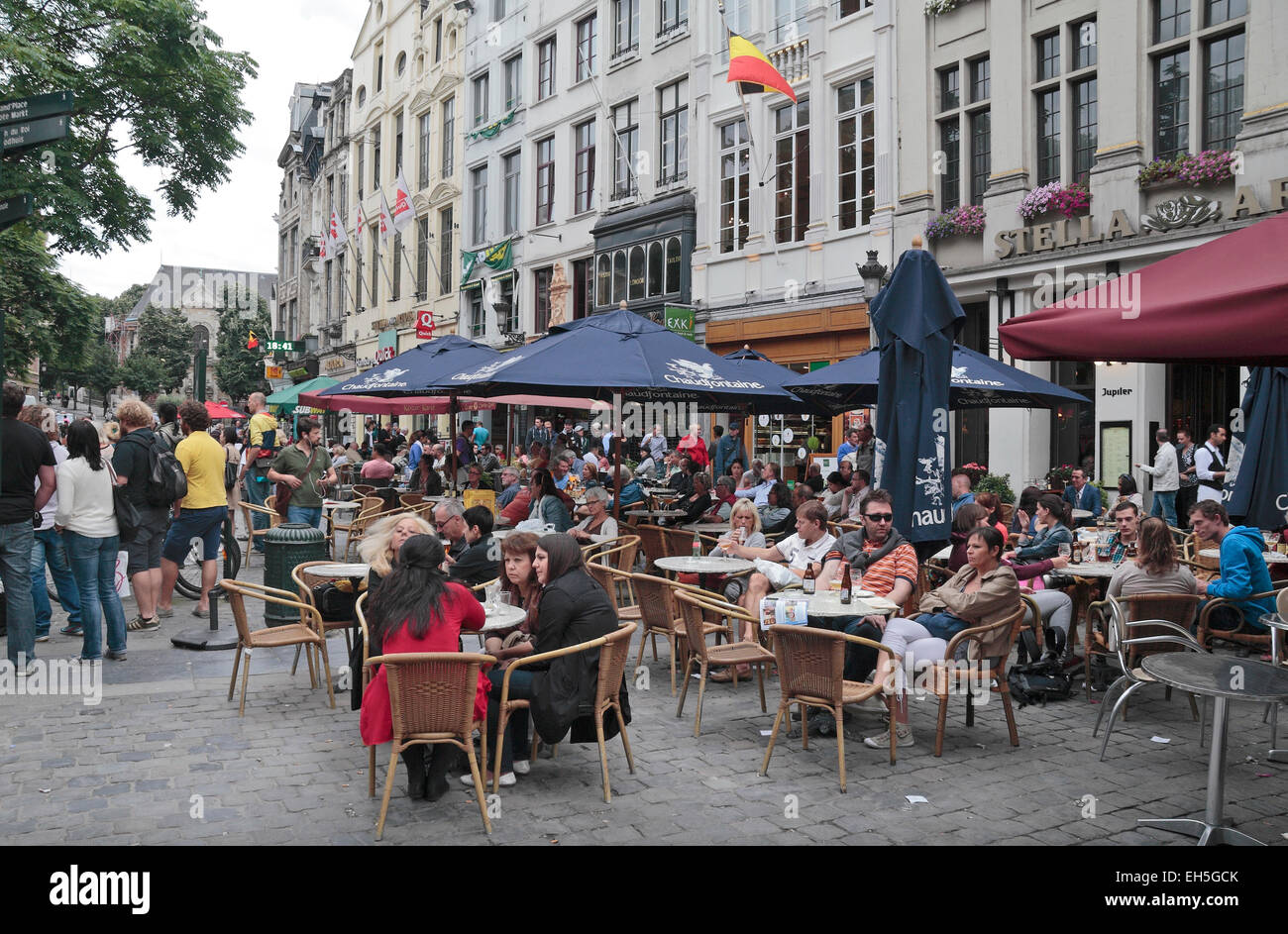 Cafe culture on Rue du Marché aux Herbes in Brussels, Belgium. Stock Photo