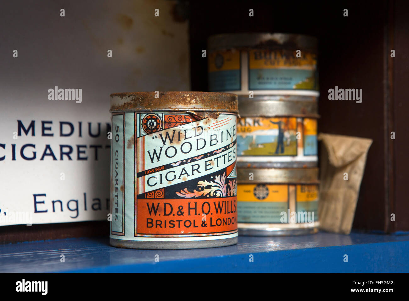 Antarctica, Port Lockroy British base museum, tin of wild woodbine cigarettes on shelf Stock Photo