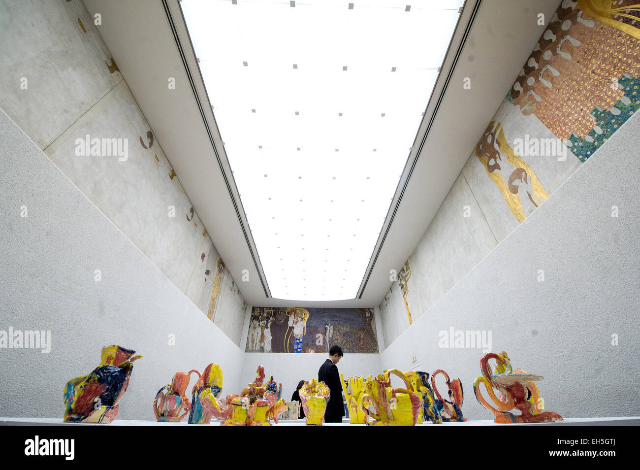 Vienna. 6th Mar, 2015. Photo taken on March 6, 2015 shows the Beethoven Frieze at the Vienna Secession Building in Vienna, Austria. One of Austria's most treasured artworks, Gustav Klimt's Beethoven Frieze, looks likely to remain in the country for now after an expert panel Friday rejected restitution claims by descendants of its Jewish former owners. © Qian Yi/Xinhua/Alamy Live News Stock Photo