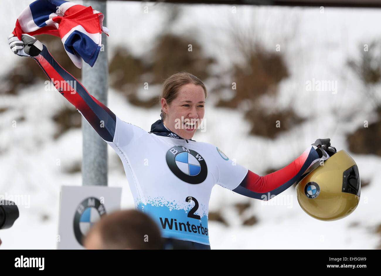 Winterberg, Germany. 07th Mar, 2015. Skeleton racer Lizzy Yarnold of Great Britain celebrates after winning the women's skeleton competition at the Bob & Skeleton World Championships 2015 in Winterberg, Germany, 07 March 2015. Photo: INA FASSBENDER/dpa/Alamy Live News Stock Photo
